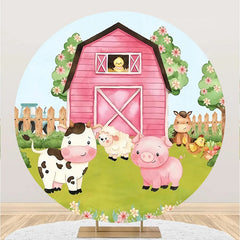 Lofaris Round Pink Wood Barn Floral Animal Birthday Backdrop