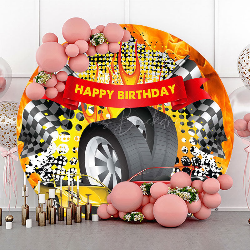 Lofaris Round Red Yellow Racing Flag Tire Birthday Backdrop