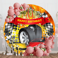 Lofaris Round Red Yellow Racing Flag Tire Birthday Backdrop