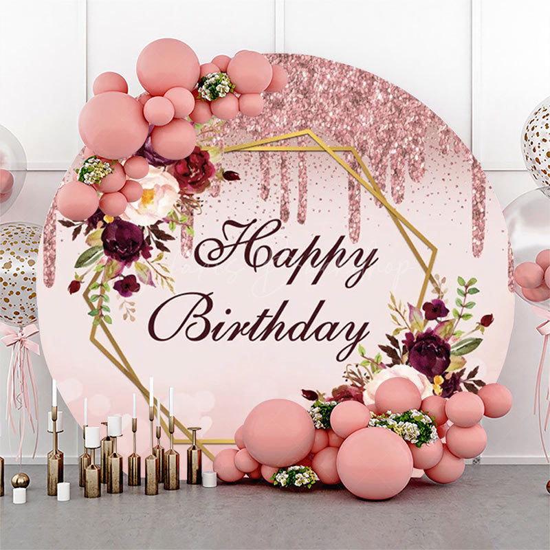 Lofaris Round Rose Gold Glitter Floral Birthday Backdrop