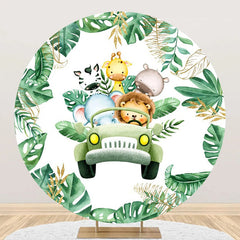 Lofaris Round Safari Animal Green Truck Birthday Backdrop