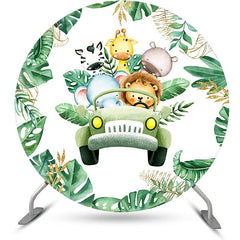 Lofaris Round Safari Animal Green Truck Birthday Backdrop