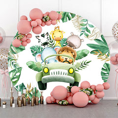 Lofaris Round Safari Animal Green Truck Birthday Backdrop