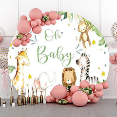 Lofaris Round Safari Animals Green White Baby Shower Backdrop