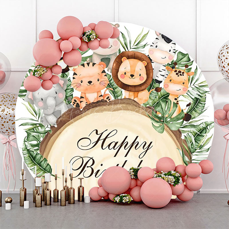 Lofaris Round Safari Animals Wood Stump Birthday Backdrop