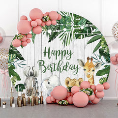 Lofaris Round Safari Cute Animals Wooden Birthday Backdrop