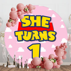 Lofaris Round She Turns 1 Pink Cloud Happy Birthday Backdrop