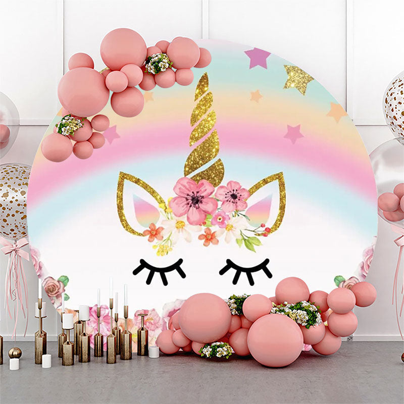 Lofaris Round Star Rainbow Unicorn Floral Birthday Backdrop