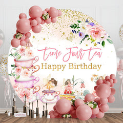 Lofaris Round Time Four Tea Floral 4th Birthday Backdrop