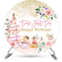 Lofaris Round Time Four Tea Floral 4th Birthday Backdrop