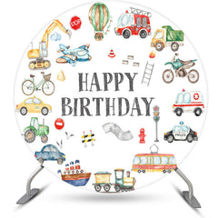 Lofaris Round Various Transportation White Birthday Backdrop