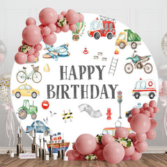 Lofaris Round Various Transportation White Birthday Backdrop