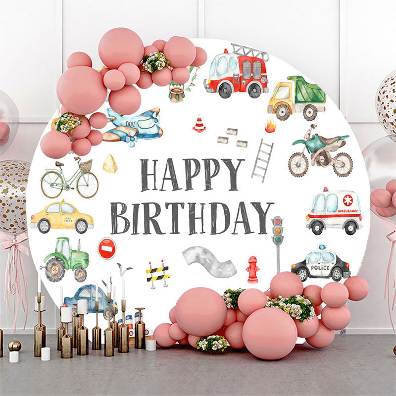 Lofaris Round Various Transportation White Birthday Backdrop