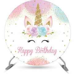 Lofaris Round White Floral Unicorn Happy Birthday Backdrop