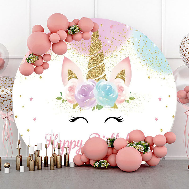 Lofaris Round White Floral Unicorn Happy Birthday Backdrop