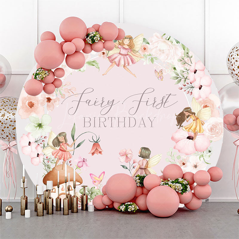 Lofaris Round White Pink Floral Fairy First Birthday Backdrop