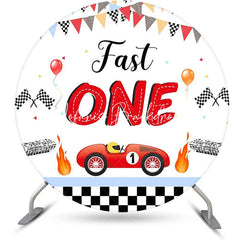 Lofaris Round White Racing Car Fast One Birthday Backdrop