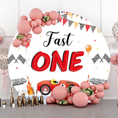 Lofaris Round White Racing Car Fast One Birthday Backdrop