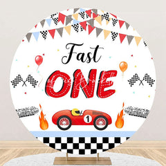 Lofaris Round White Racing Car Fast One Birthday Backdrop