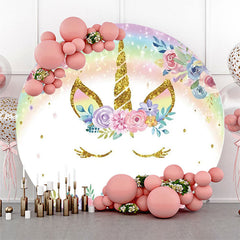 Lofaris Round White Rainbow Floral Unicorn Birthday Backdrop