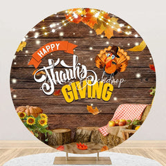 Lofaris Round Wood Turkey Maple Happy Thanksgiving Backdrop