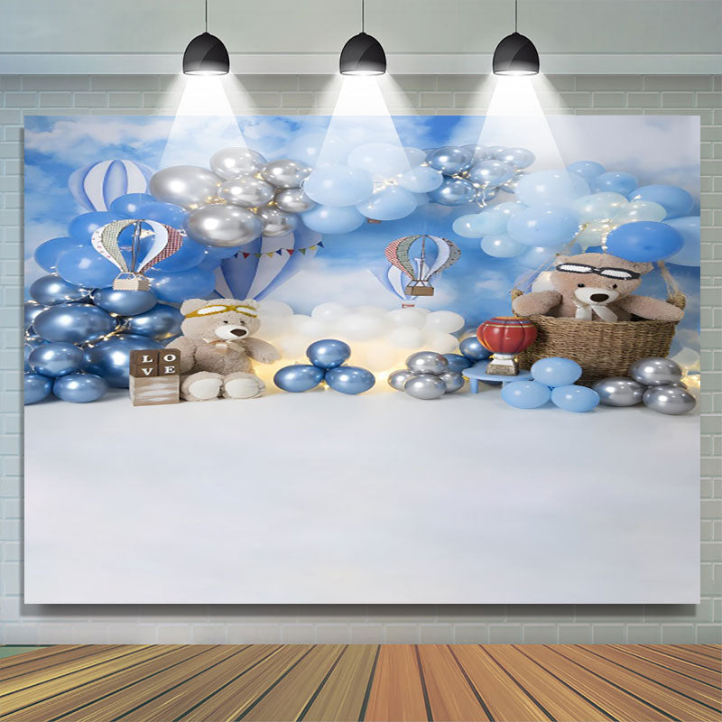 Lofaris Royal Blue Balloon Teddy Bear Birthday Backdrop