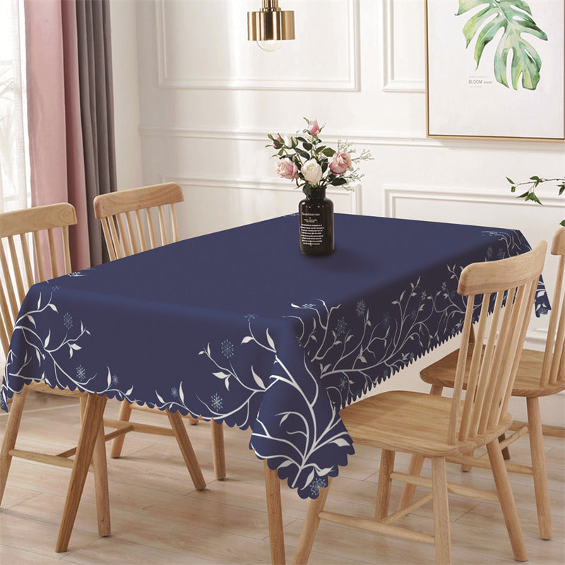 Lofaris Royal Blue White Lines Floral Rectangle Tablecloth