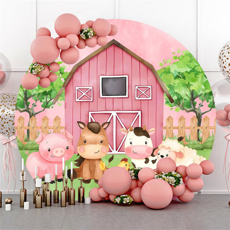 Lofaris Rustic Pink Farm Animals Circle Baby Shower Backdrop