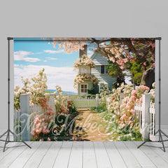 Lofaris Rustic Spring Flowers White House Blue Sky Backdrop