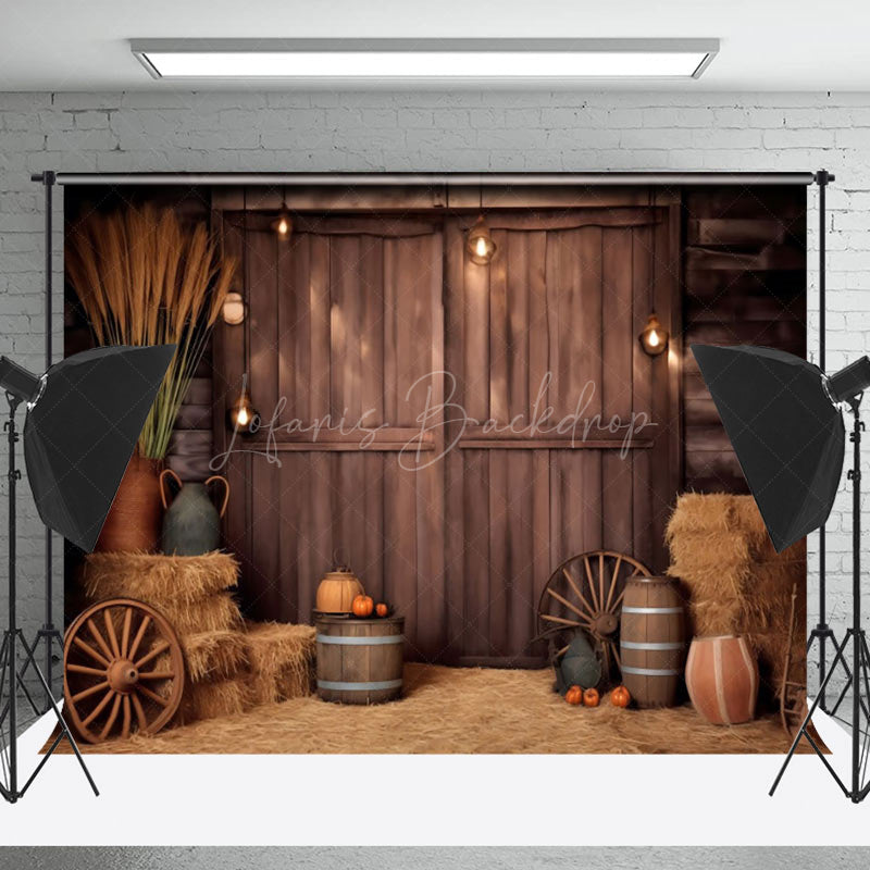 Lofaris Rustic Stacked Hay Wheel Wooden Barn Door Backdrop