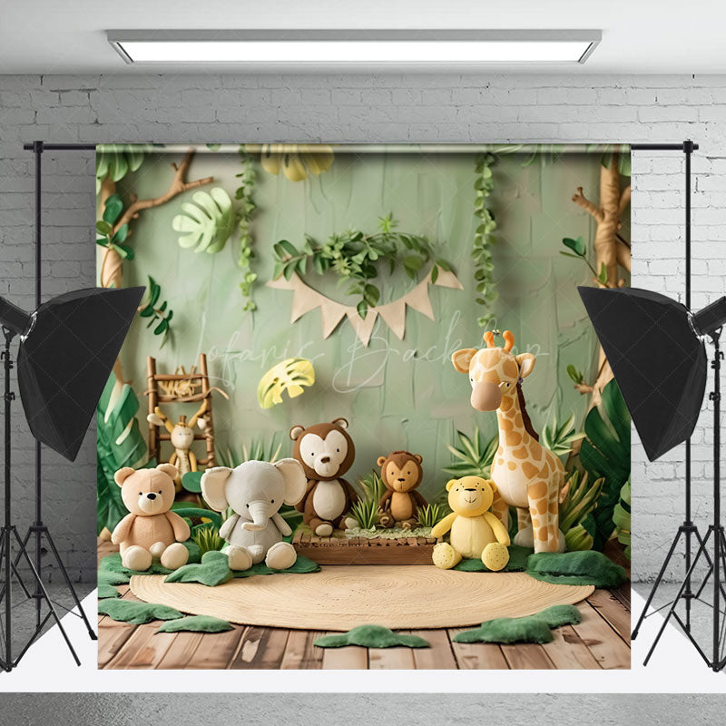 Lofaris Safari Animal Doll Jungle Plant Wood Photo Backdrop