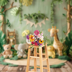 Lofaris Safari Animal Doll Jungle Plant Wood Photo Backdrop