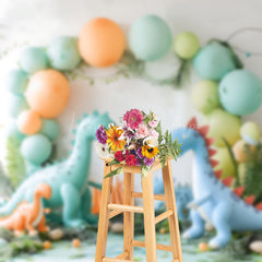 Lofaris Safari Dinosaur Balloon White Wall Photo Backdrop