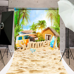 Lofaris Sand Car Surfboard Palm Trees Summer Sweep Backdrop