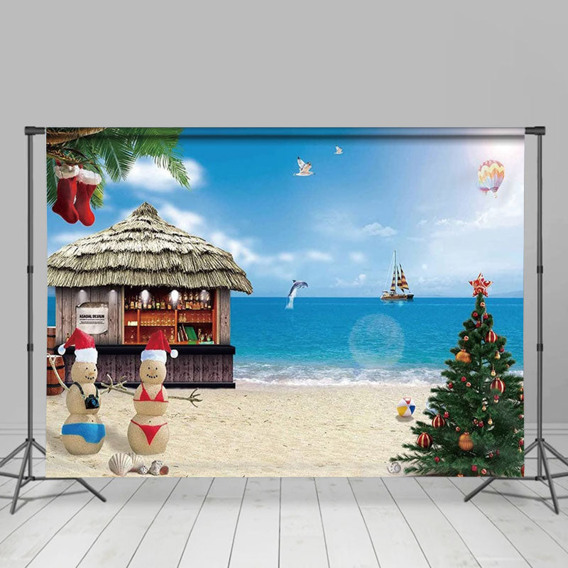 Lofaris Sandy Snowman Tree Seaside Xmas In July Backdrop