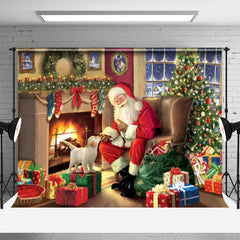 Lofaris Santa And Puppy Fireplace Gift Christmas Backdrop