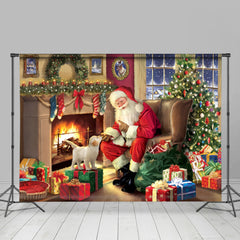 Lofaris Santa And Puppy Fireplace Gift Christmas Backdrop