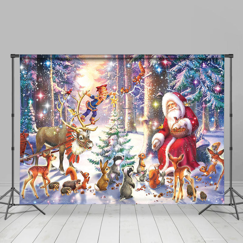 Lofaris Santa Animals Forest Snow Christmas Holiday Backdrop