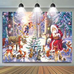 Lofaris Santa Animals Forest Snow Christmas Holiday Backdrop