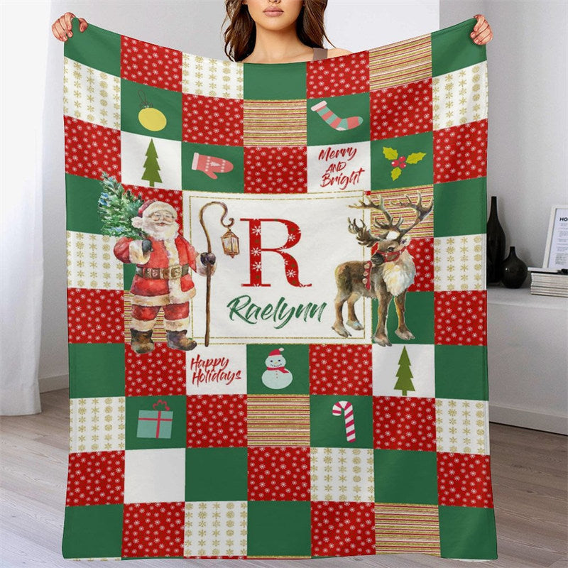 Lofaris Santa Elk Red White Green Christmas Custom Name Blanket