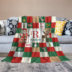 Lofaris Santa Elk Red White Green Christmas Custom Name Blanket