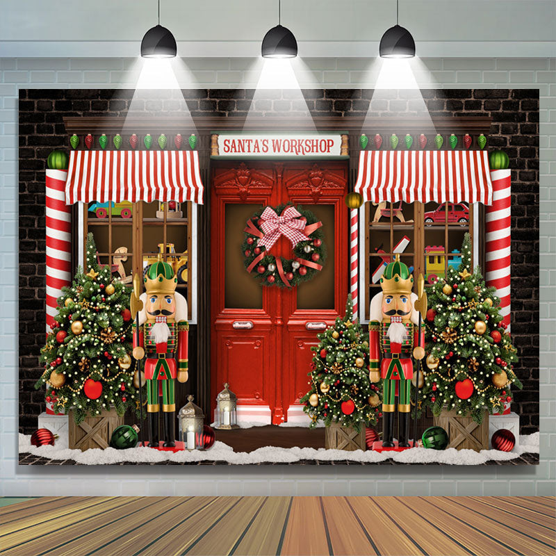 Santas Workshop Red Door Christmas Trees Backdrop - Lofaris