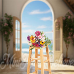 Lofaris Seaside Sunshine Blue Sky Flower Wood Door Backdrop