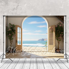 Lofaris Seaside Sunshine Blue Sky Flower Wood Door Backdrop