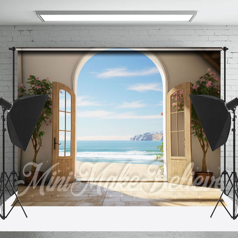 Lofaris Seaside Sunshine Blue Sky Flower Wood Door Backdrop