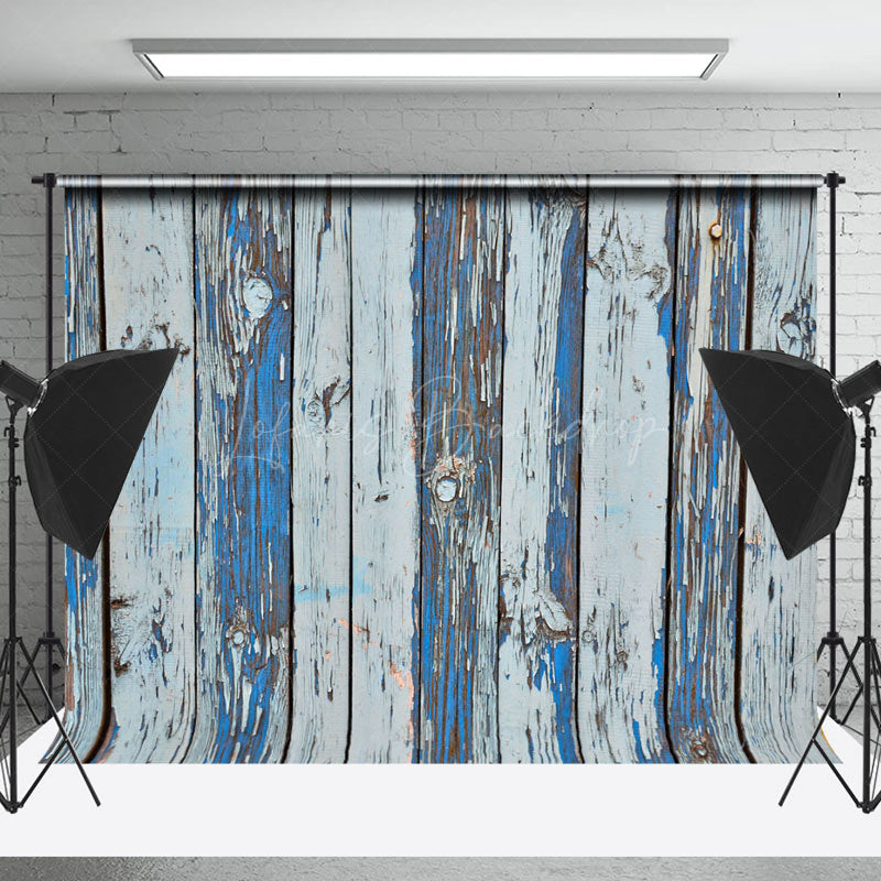 Lofaris Shabby Faded Blue Grey Stripe Wood Grain Backdrop