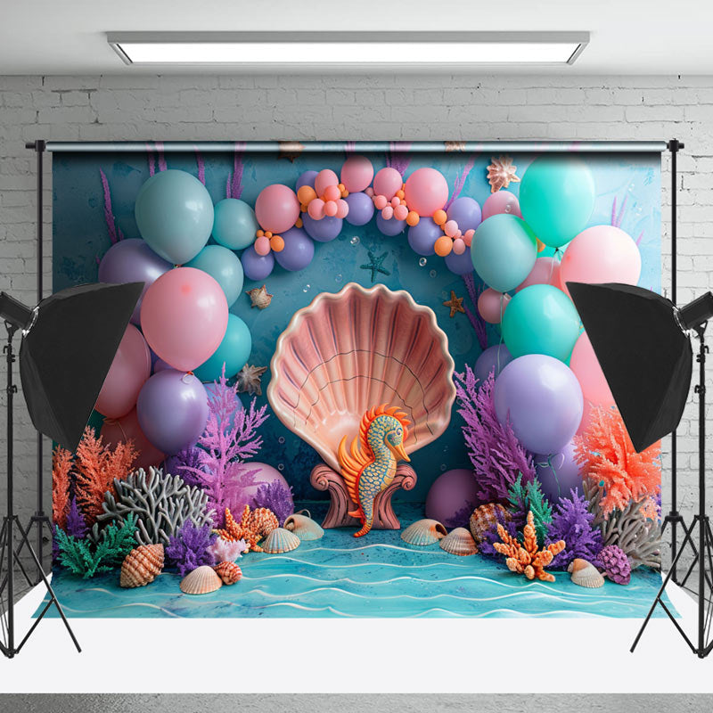 Lofaris Shell Seahorse Coral Mermaid Cake Smash Backdrop