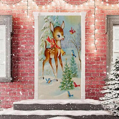 Lofaris Sika Deer Birds Snowfield Christmas Tree Door Cover