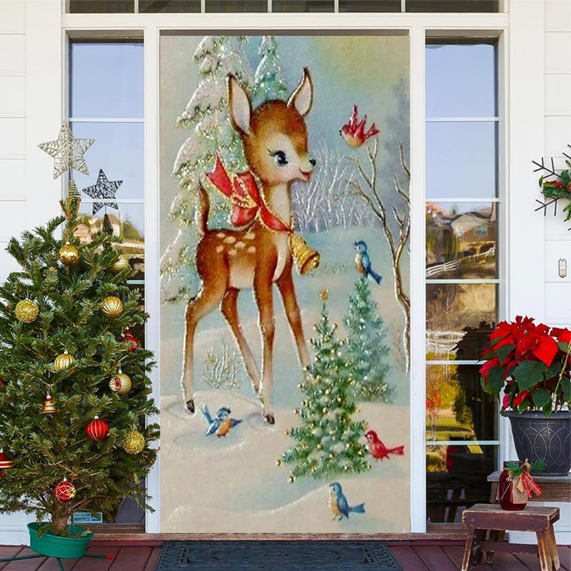 Lofaris Sika Deer Birds Snowfield Christmas Tree Door Cover