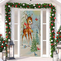 Lofaris Sika Deer Birds Snowfield Christmas Tree Door Cover